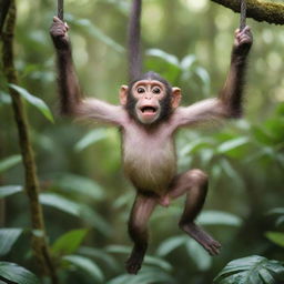 A playful, energetic monkey with gleaming eyes jauntily swinging through a vibrant, tropical rainforest.