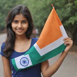 A youthful and charming 20-year-old girl, proudly holding a 3D Indian flag.