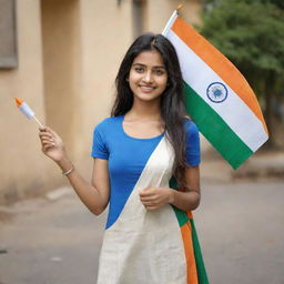 A youthful and charming 20-year-old girl, proudly holding a 3D Indian flag.