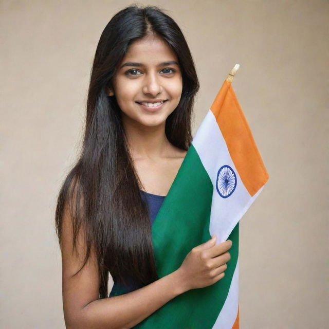 A youthful and charming 20-year-old girl, proudly holding a 3D Indian flag.