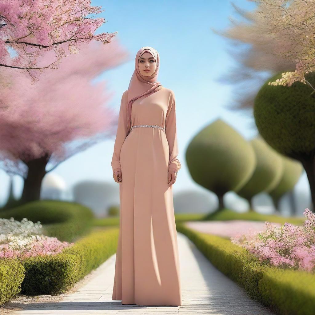 A woman wearing a hijab and a tight long dress, standing confidently