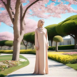 A woman wearing a hijab and a tight long dress, standing confidently