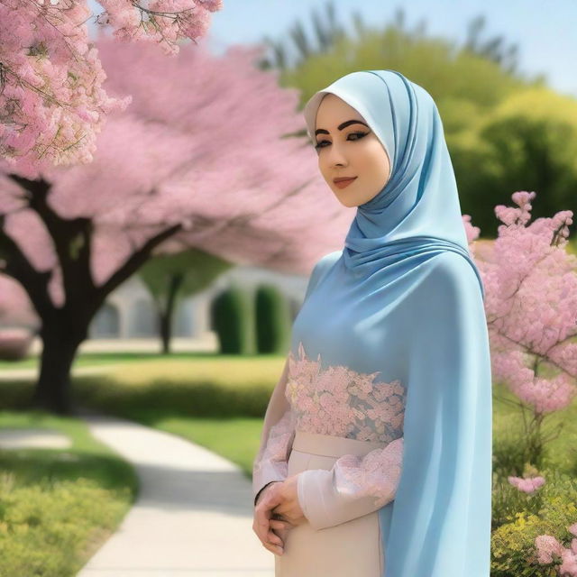 A woman wearing a hijab and a tight long dress, standing confidently