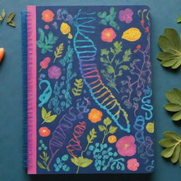 A vibrant and playful biology notebook cover filled with colorful illustrations related to biology like DNA strands, cells, plants, and animals.