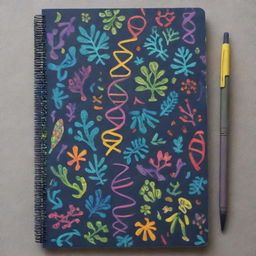 A vibrant and playful biology notebook cover filled with colorful illustrations related to biology like DNA strands, cells, plants, and animals.