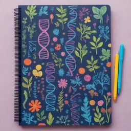 A vibrant and playful biology notebook cover filled with colorful illustrations related to biology like DNA strands, cells, plants, and animals.