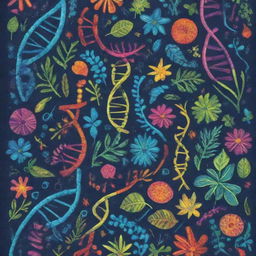 A vibrant and playful biology notebook cover filled with colorful illustrations related to biology like DNA strands, cells, plants, and animals.