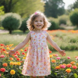 A cute little girl in playful attire, posing naturally in a sunlit park full of colorful flowers and greenery