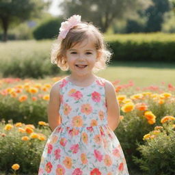 A cute little girl in playful attire, posing naturally in a sunlit park full of colorful flowers and greenery