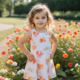 A cute little girl in playful attire, posing naturally in a sunlit park full of colorful flowers and greenery