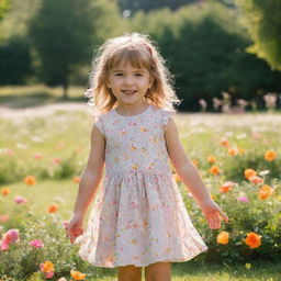 A cute little girl in playful attire, posing naturally in a sunlit park full of colorful flowers and greenery