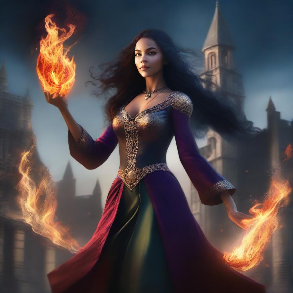 Create an image depicting a magic-infused, medieval fantasy world with a dark background and hints of vibrant colors