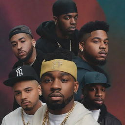 An 8k, high-quality wallpaper featuring the PNL rappers, custom-fit for MacOS. Should boldly display the artists surrounded by visual elements relevant to their music and persona.