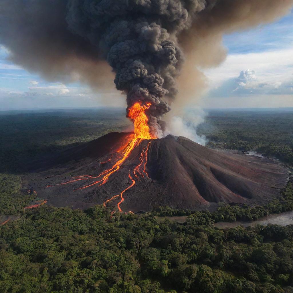 A dramatic scene of a volcano erupting in the heart of Brazil, with lava flowing against the backdrop of the vibrant Amazon rainforest.