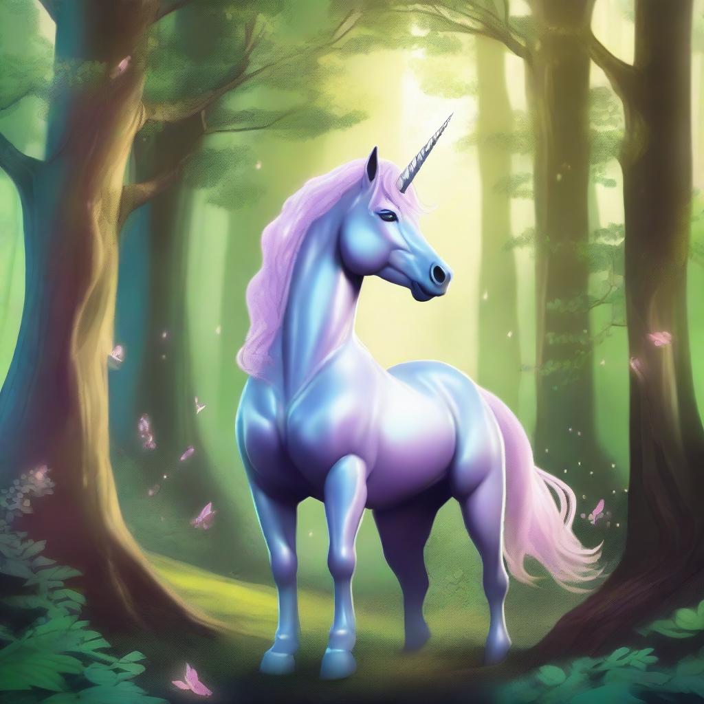 A majestic and mystical unicorn standing in a lush, enchanting fantasy forest