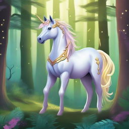 A majestic and mystical unicorn standing in a lush, enchanting fantasy forest