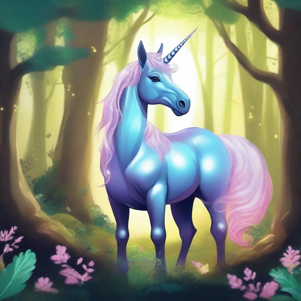 A majestic and mystical unicorn standing in a lush, enchanting fantasy forest