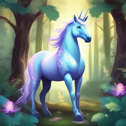 A majestic and mystical unicorn standing in a lush, enchanting fantasy forest