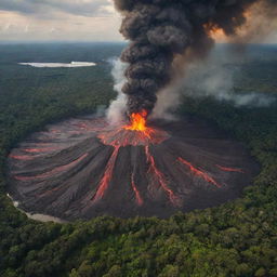 A dramatic scene of a volcano erupting in the heart of Brazil, with lava flowing against the backdrop of the vibrant Amazon rainforest.