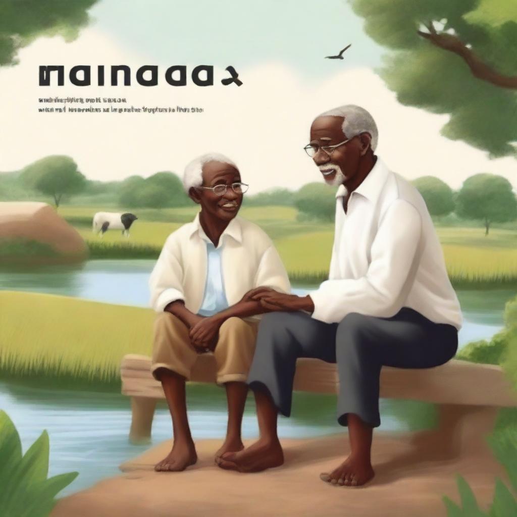 Create a book cover featuring a black grandfather and his white grandson sitting together by a river on a farm