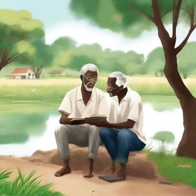 Create a book cover featuring a black grandfather and his white grandson sitting together by a river on a farm