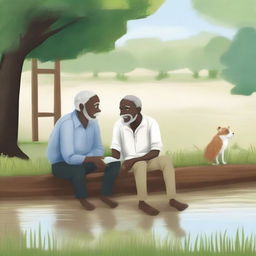 Create a book cover featuring a black grandfather and his white grandson sitting together by a river on a farm