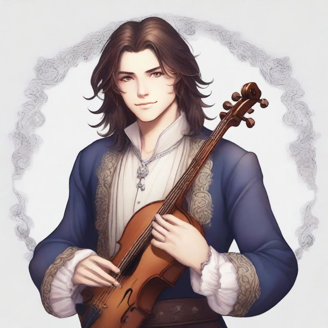 A male bard in his early 20s with medium length hair and no facial hair