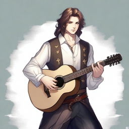 A male bard in his early 20s with medium length hair and no facial hair