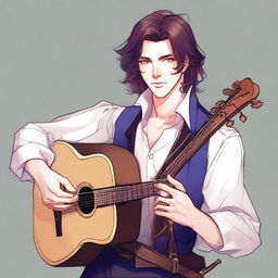 A male bard in his early 20s with medium length hair and no facial hair