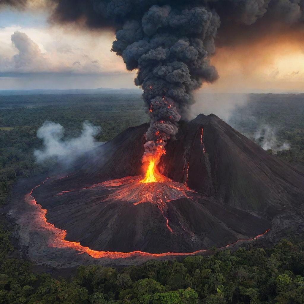 A dramatic scene of a volcano erupting in the heart of Brazil, with lava flowing against the backdrop of the vibrant Amazon rainforest.