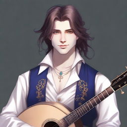 A male bard in his early 20s with medium length hair and no facial hair