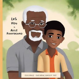 Create a book cover featuring a black grandfather and his 11-year-old white grandson