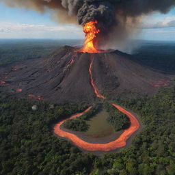 A dramatic scene of a volcano erupting in the heart of Brazil, with lava flowing against the backdrop of the vibrant Amazon rainforest.