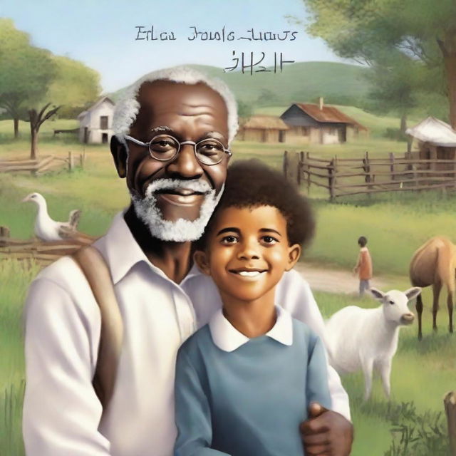 Create a book cover featuring a black grandfather and his white grandson at a farm with a lake and a house in the background