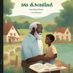 Create a book cover featuring a black grandfather and his white grandson at a farm with a lake and a house in the background