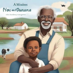 Create a book cover featuring a black grandfather and his white grandson at a farm with a lake and a house in the background