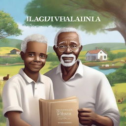 Create a book cover featuring a black grandfather and his white grandson at a farm with a lake and a house in the background