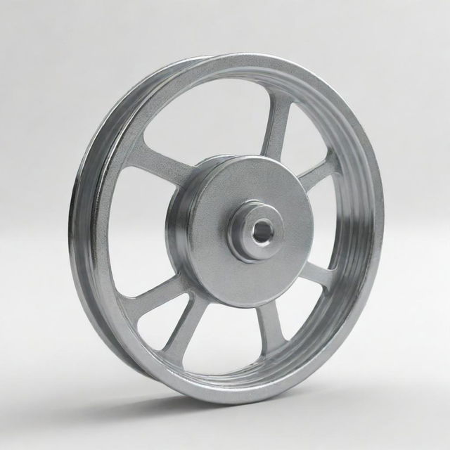 A detailed, realistic rendering of a pulley, made from shiny steel, against a white background