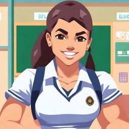 A muscular girl in a school setting, wearing a school uniform