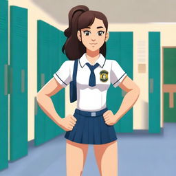 A muscular girl in a school setting, wearing a school uniform