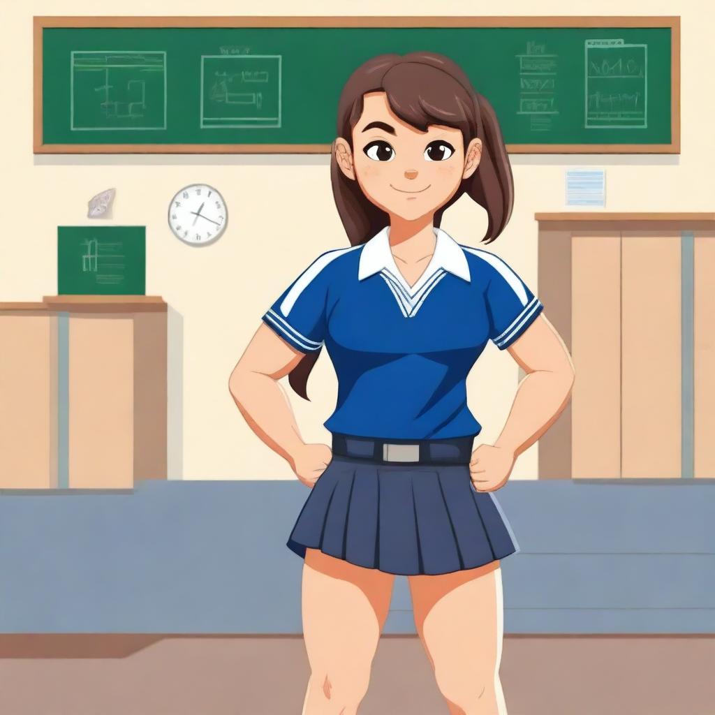 A muscular girl in a school setting, wearing a school uniform