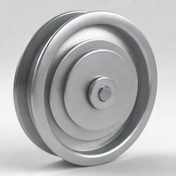 A detailed, realistic rendering of a pulley, made from shiny steel, against a white background