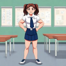 A muscular girl in a school setting, wearing a school uniform