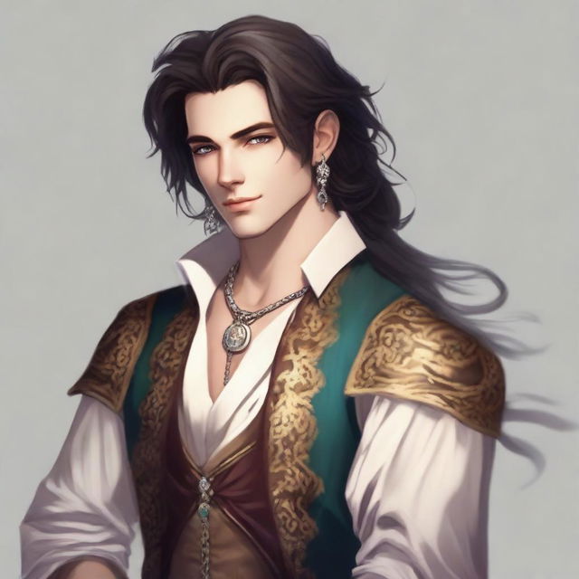 A male bard in his early 20s with medium length hair and no facial hair