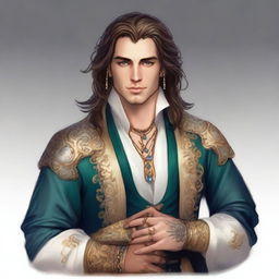 A male bard in his early 20s with medium length hair and no facial hair