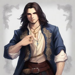 A male bard in his early 20s with medium length hair and no facial hair