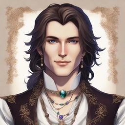 A male bard in his early 20s with medium length hair and no facial hair