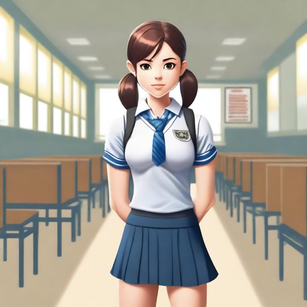 A realistic depiction of a muscular girl in a school setting