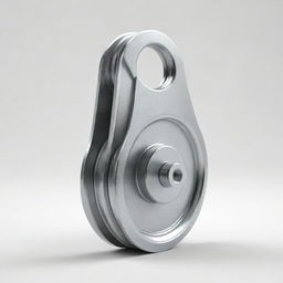 A detailed, realistic rendering of a pulley, made from shiny steel, against a white background