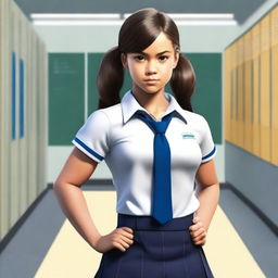 A realistic depiction of a muscular girl in a school setting